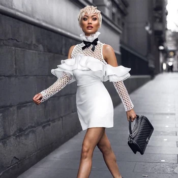 

2018 Summer Dress Top Quality Long Mesh Sleeve Off The Shoulder Rayon Bandage Dress Evening White Black Club Sexy Party Dress