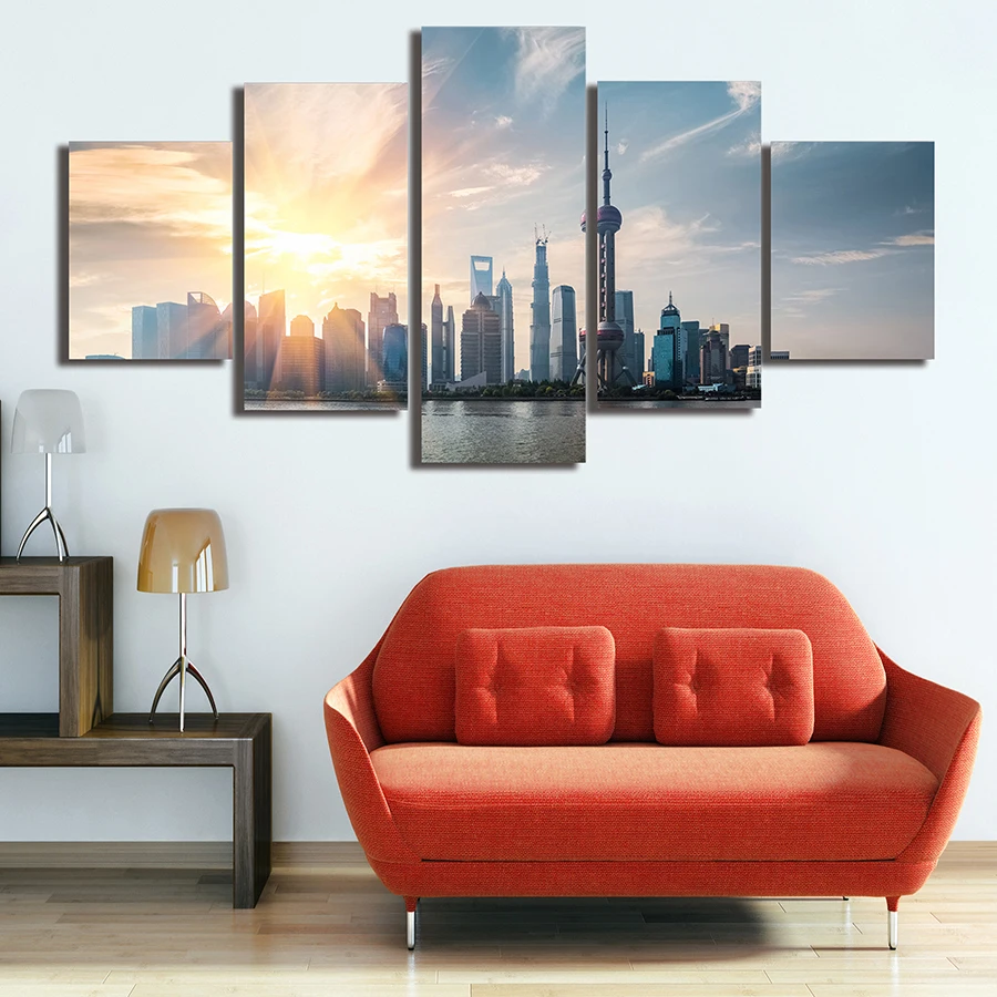 5 панелей пейзажи HD масло напечатаны Краски ing Oriental Pearl ТВ башня Гостиная