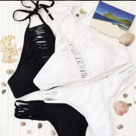 

Bikinis Women Black And White Bandage Swimsuit 2017 Sexy Swimwear Low Waist Bathing Suit Halter Bikinis Set Swim Wear
