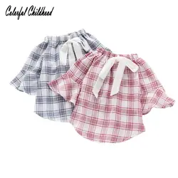 Детская одежда весна футболка для девочек широкий плед среднего рукав «фонарик» блузка для девочек топы с рюшами Осенние блузки для