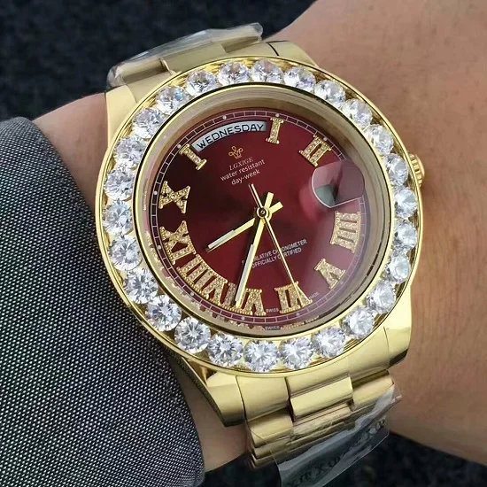 Золотые часы с большим бриллиантом, бренд Iced Out, день, дата, президент, 2813, наручные часы, Бизнес Reloj A, топ, Элитный Мужской дизайнерский часы - Цвет: Бронза