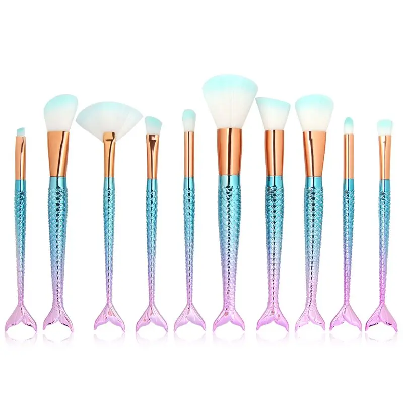 

10Pcs Makeup Brushes Set Mermaid Glitter Diamond Blue Cosmetics Blending Powder Eyeshadow Foundation Brushes Set