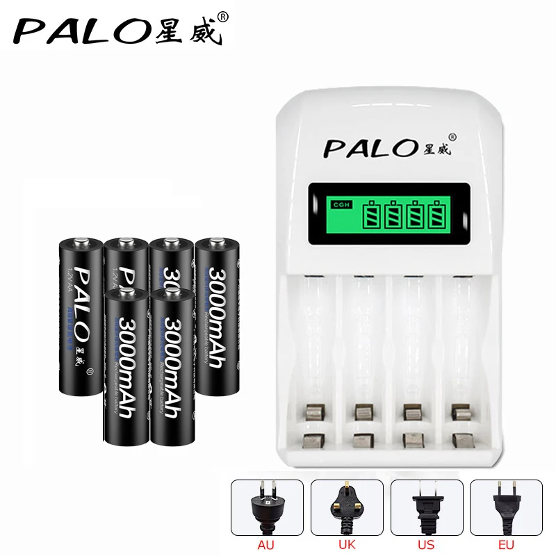

Hot! PALO C907W intelligent LCD display Indicator 4 Slots AA/AAA Battery Charger + 6pcs AA 3000mah NiMh Batteries Free shipping