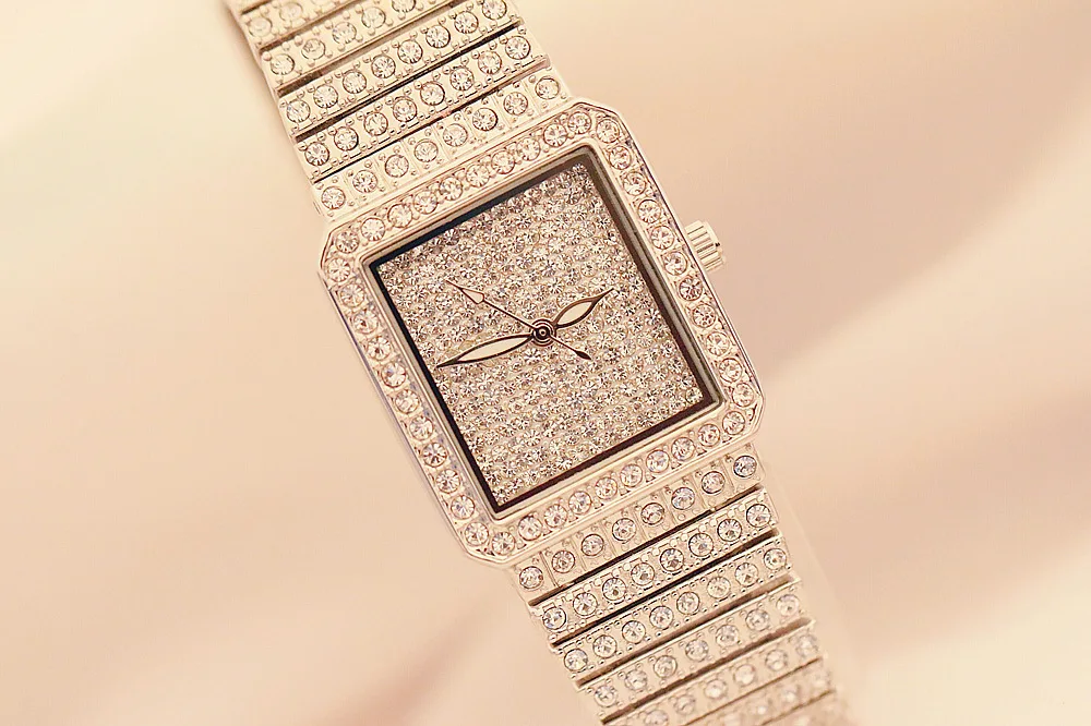 BS Лидирующий бренд бриллиантовые прямоугольные полностью бриллиантовые женские часы женские модные кварцевые позолоченные часы Zegarek Damski