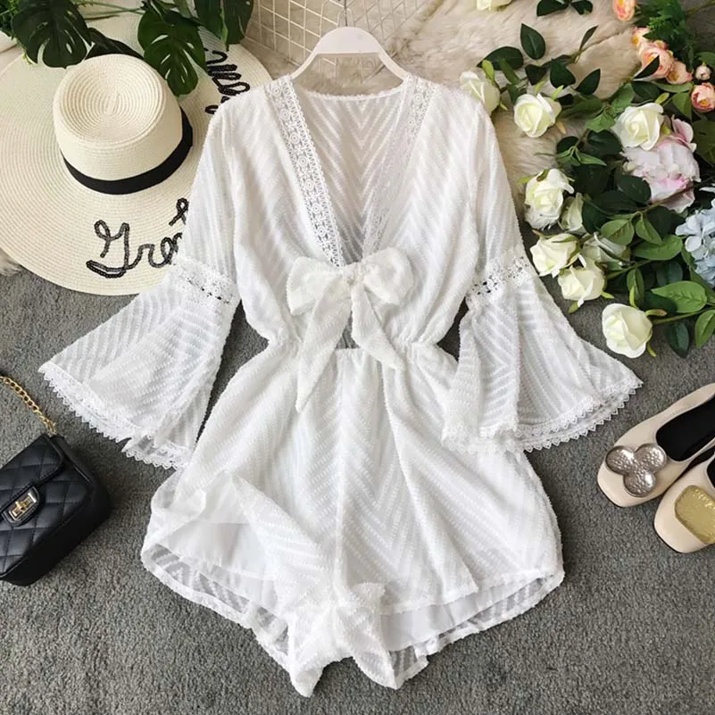 

Bohemian vacation V-neck chest strap trumpet long sleeve pants show thin broad-legged shorts beach pants jumpsuit rompers summer