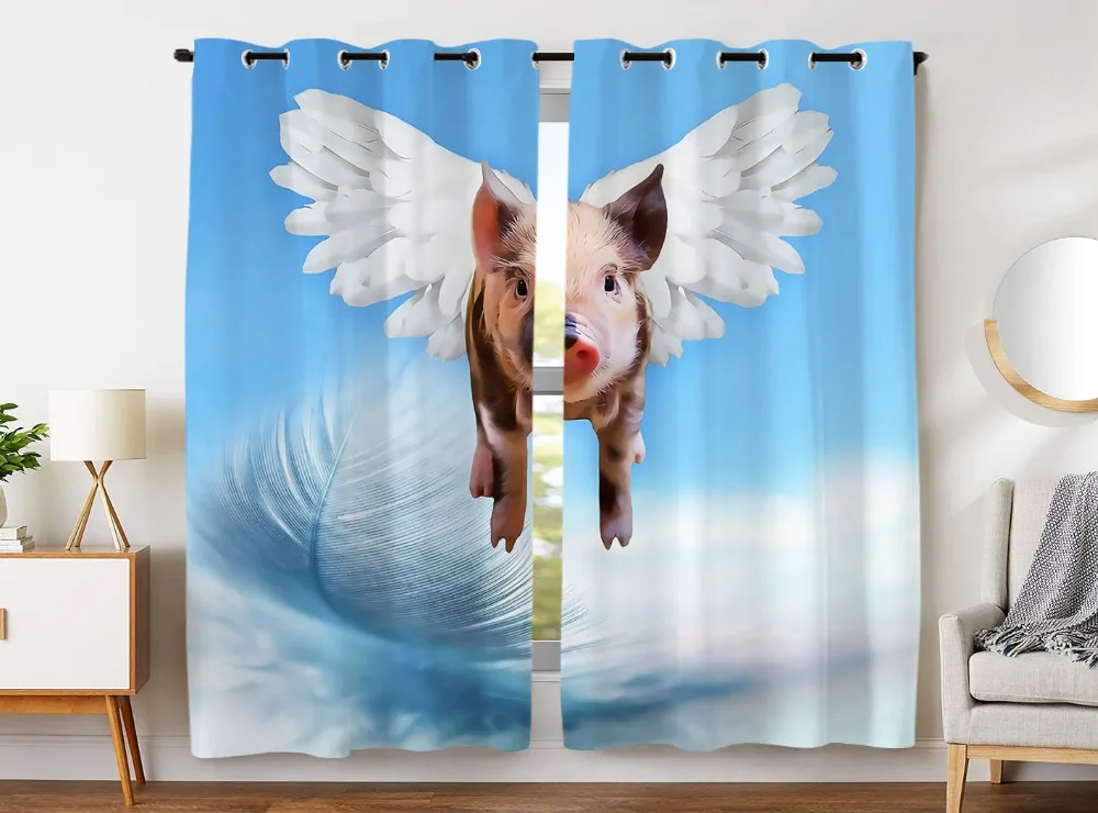 

HommomH Curtains (2 Panel) Grommet Top Darkening Blackout Room Flying Pig Baby Warrior Wings Feather Blue
