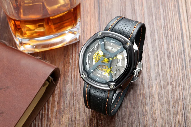  2019 AMST Brand Quartz Watch for men fashion black leather strap sports watches casual luminous wat