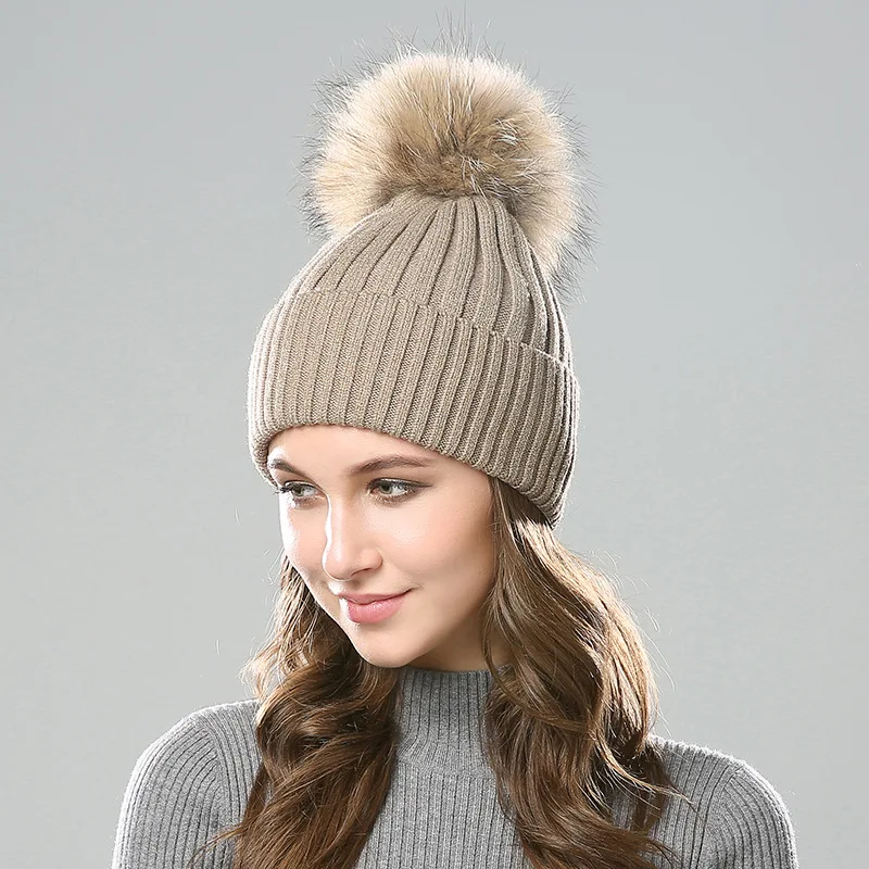 

Thicken warm Winter Hat Women's Knitted Wool Skullies Fluffy Pompom Ball women winter Beanie hat women Soft Cotton Bonnet
