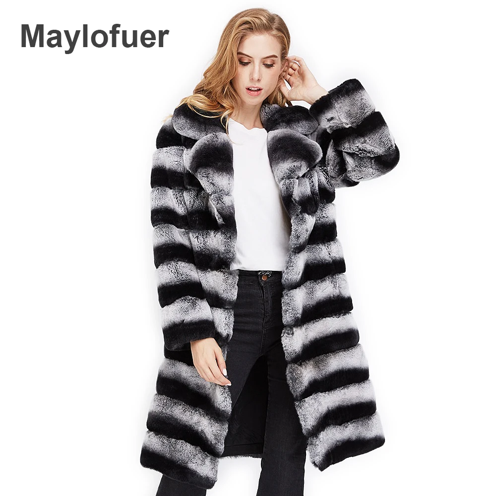 Maylofuer 100% Реальный Рекс Кролика Шуба Длинный Стиль Полосы Шиншиллы Цвет Женщин