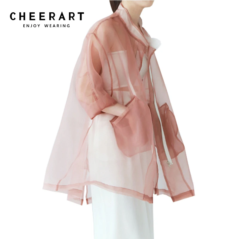 Cheerart Summer Sheer Kimono Cardigan Organza Transparent Blouse Women See Through Loose Pink/White/Black Korean Top Femme