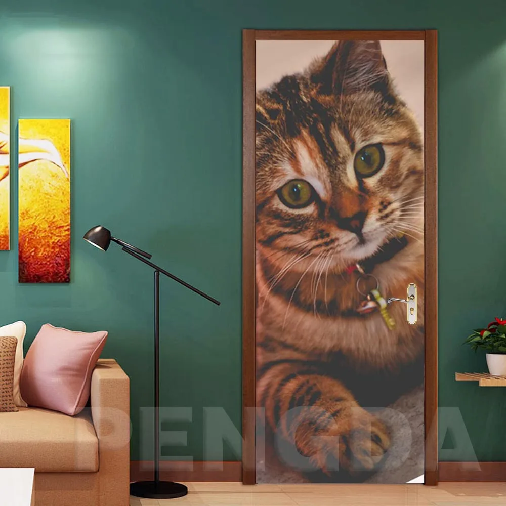 Печать на холсте картина 3D дверь стикер животное Кошка наклейки для домашнего декора самоклеющиеся водоотталкивающие обои для спальни ремонт дверей