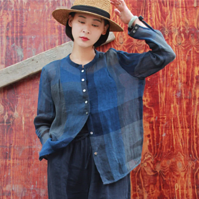 

SCUWLINEN 2019 Spring Autumn Women's Blouse Vintage Plaid Long-sleeve Loose Linen Shirt Casual Plus Size Blusa Feminina S757