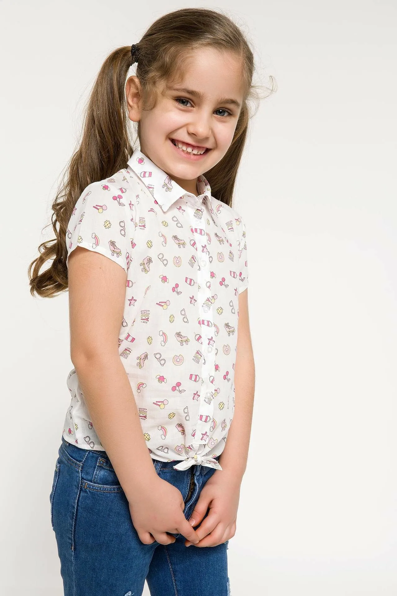 

DeFacto Sweet Dessert Image Girl Bowtie Blouse White Woven Top Tees Short Sleeve Stand Collar Casual Kids Shirts I8005A618SMER105