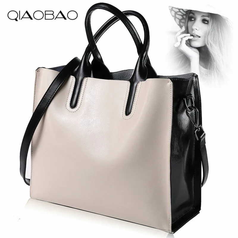 

QIAOBAO 100% Cowhide Leather Bags Women's Bucket Famous Brand Designer Handbags High Quality Tote Shoulder Messenger Bag Totes
