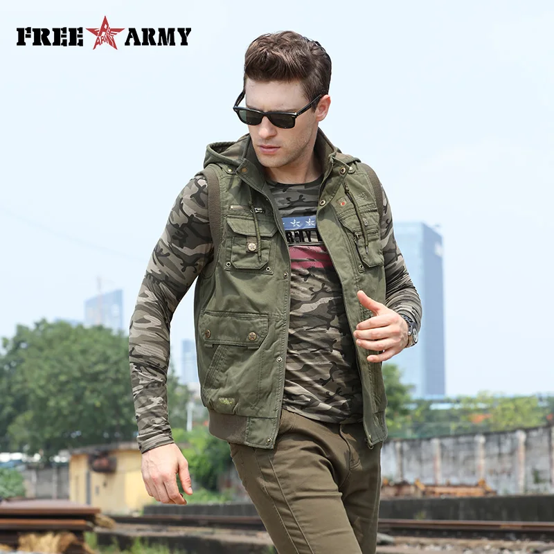 

Autumn Multi-pockets Vest Men New Waistcoats Vests Singlet Fitness Muscle Men Vest Stand Collar Zipper Sleeveless Coats MS-6080A