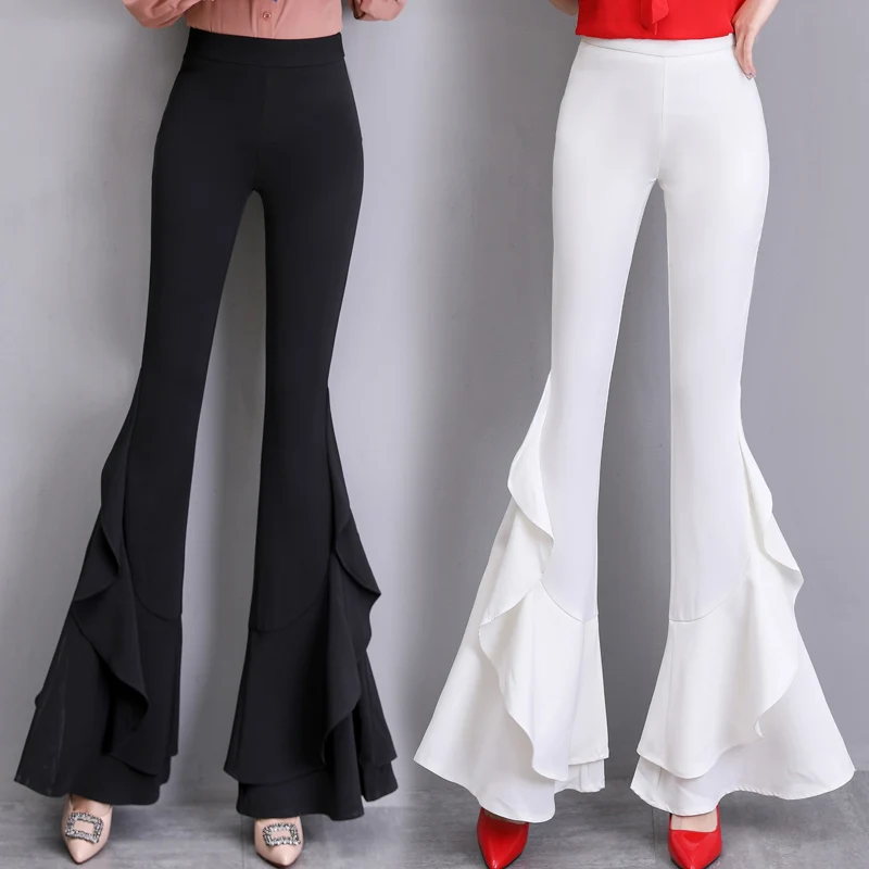 

Women Skinny Slim Pants OL Lady High Work Office Waist Wear Irregular Ruffles Split Fitting Elastic Flare Suit Pants Trousers