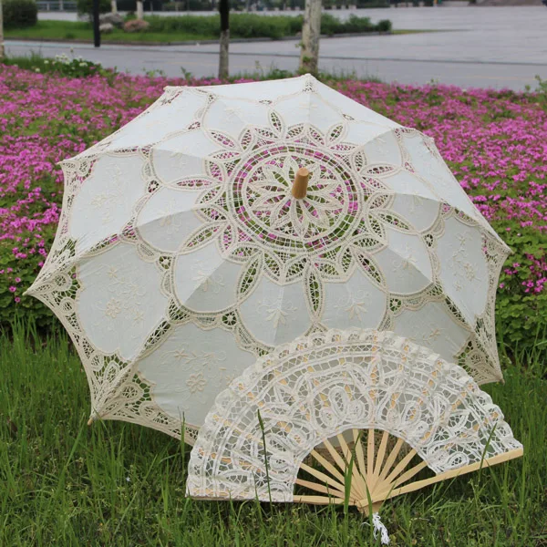 Outdoor Sun Protection Wedding Embrodiery Lace Parasol and Fan Set Party Guest Gifts