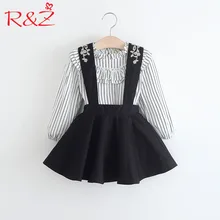 R& Z/Одежда для маленьких девочек Новинка года, весенне-осенняя блузка в полоску с воротником-рюшами+ черное платье на бретелях для детей, детская одежда