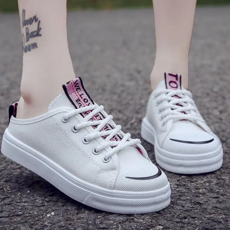 

Women Fashion Summer Spring Flats Lace-up Single Shoes Round Toe Canvas Patchwork Mixed Color Soft Bottom Thicken Shoes