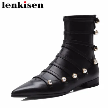 

Lenkisen classic pointed toe low heels zip genuine leather pearls decoration luxury oxford british style women ankle boots L77