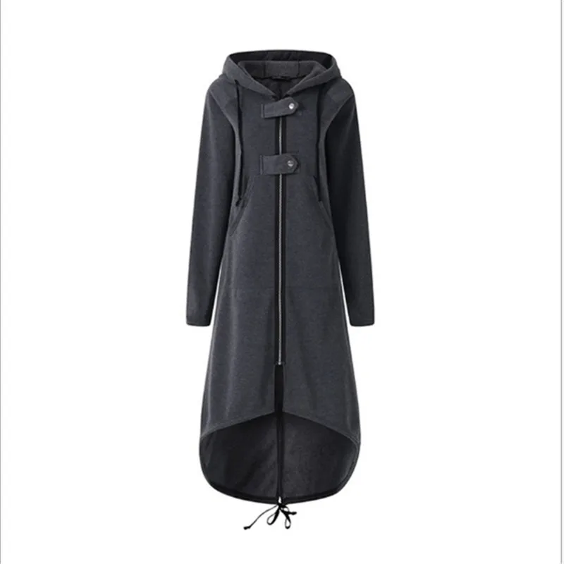 

Female Hooded Sweatshirt Zipper Up Slit Back Long Sleeve Loose Solid Asymmetrical Women Fleece Hoodies Coats