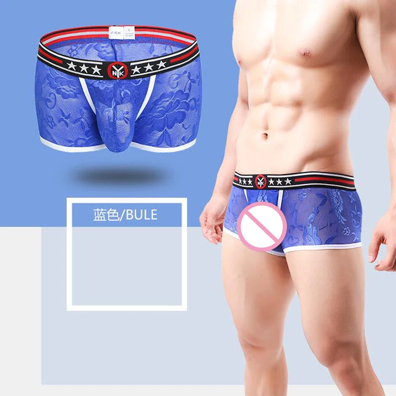 Fashion Men's Lace Transparent Underwear Nylon Comfortable Men Leisure Boxer Shorts Sexy Convex U Pouch Boxer Homme Underpants