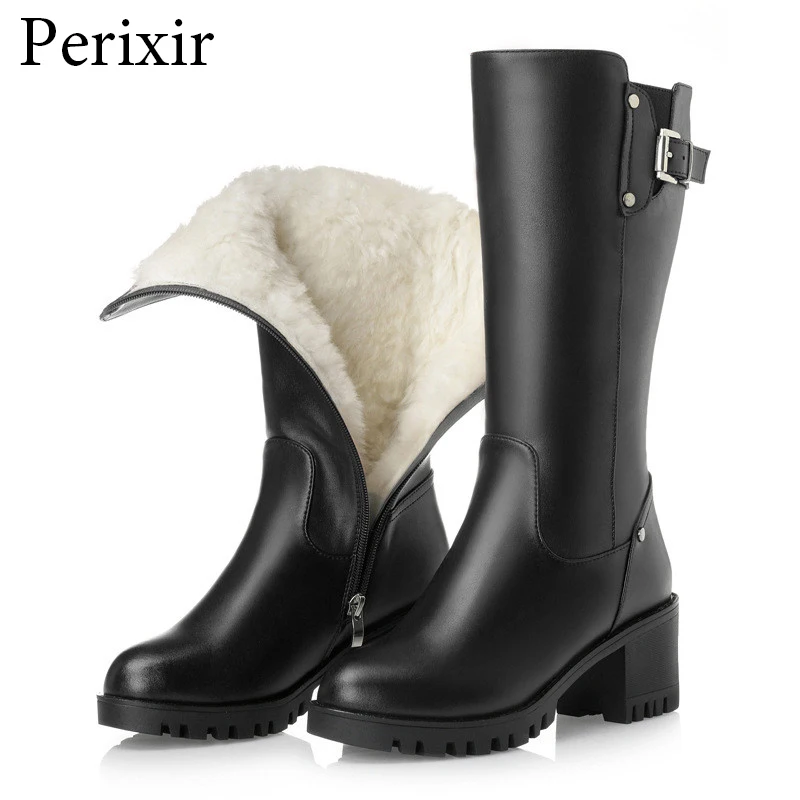 

Perixir 2019 New Genuine Leather Women Winter Boots Warm Thick Wool Women Snow Boots Big Size High Heel Winter Boots Knight Boot