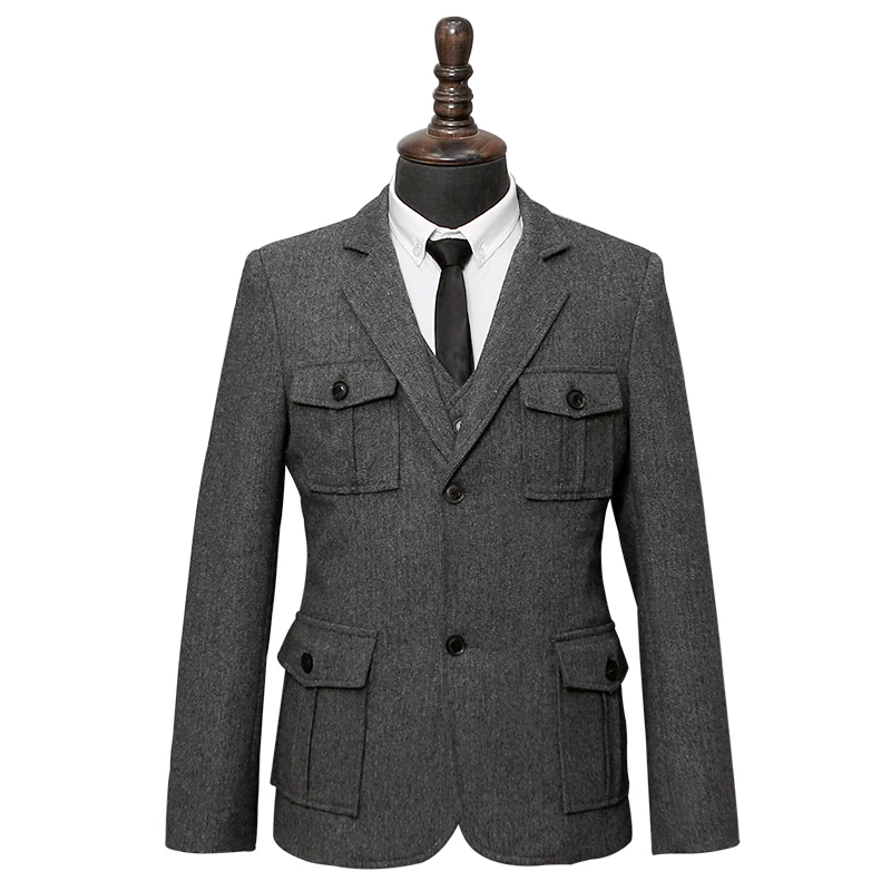  Wool Suit Men's Large Size Blazers American Hunting Multi-pocket Jacket Winter Herringbone Pattern  - 33063467181