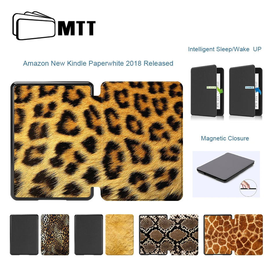 

MTT Tablet Case for Amazon New Kindle Paperwhite 4 2018 Release Animal Skin Print PU Leather Magnetic Flip Protective Cover