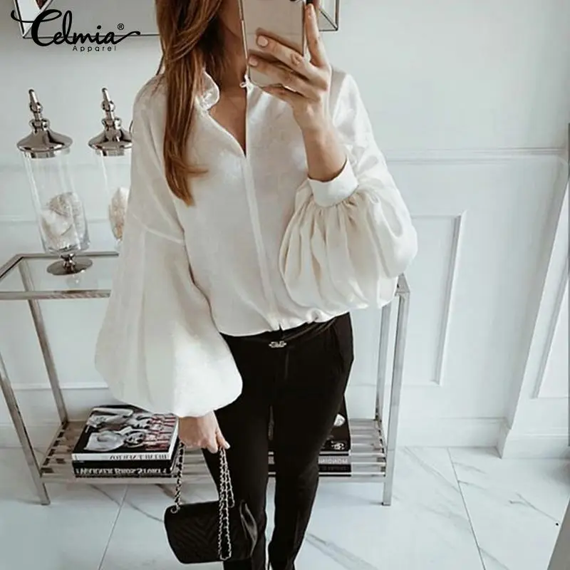 

Celmia Elegant Tops Women Blouses Long Sleeve Office Shirts Plus Size Casual Loose V Neck Ladies Camisa Party Blusas Femininas