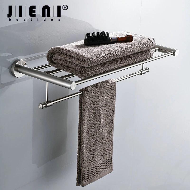 

JIENI Bathroom Folding Nickel Brushed Finish Wall Mounted Bathroom Towel Rail Holder Storage Rack Shelf Bar Hanger