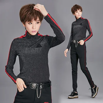 

Europe New 2017 Autumn Women's Fashion Slim Turtleneck Patchwork Bling Bling Under Shirts Ladies Personality T Shirt Tops Black