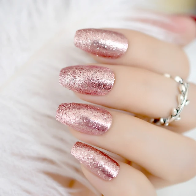 Shiny Rose Gold Fake False Nails Coffin Ballerina Nail Tips Shining Sugar Glitter Deco Summer Salon Press on Nail Art Tip