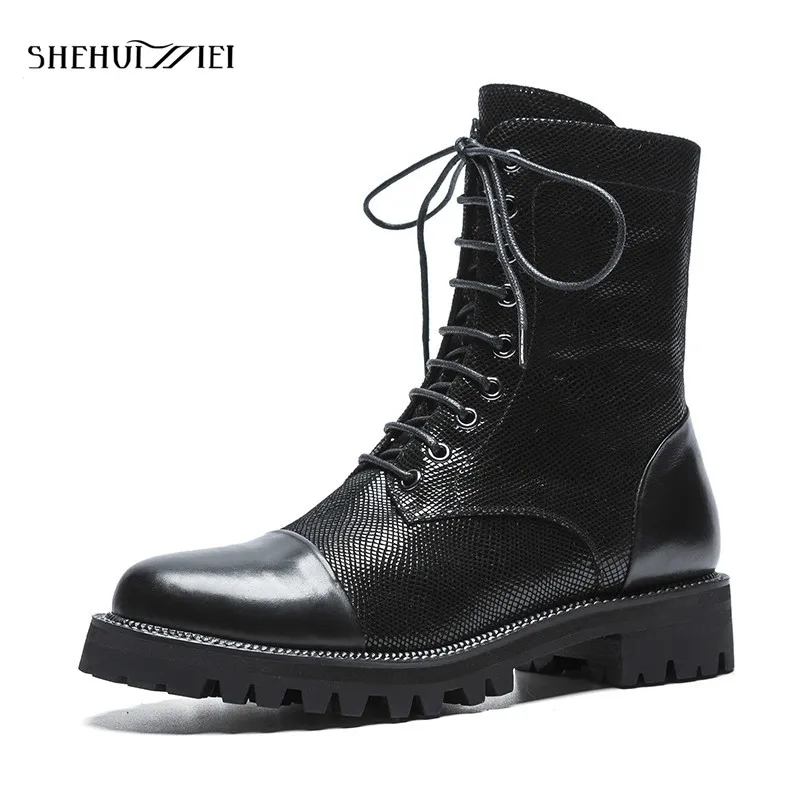 

SHEHUIMEI Women Ankle Boots Autumn Thick High Heel Martin Boots Handmade Sheepskin Fashion Women's Genuine Leather Shoes Woman