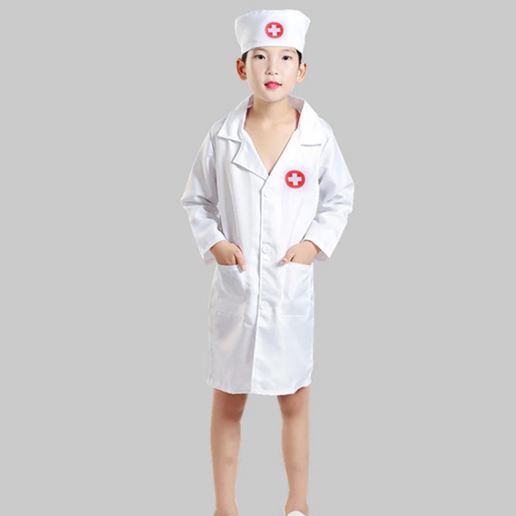 Unisex Kids Boys Girls Doctor Surgeon Halloween Cosplay Dress up Coat with Cap Nurse Play Tools Set Outfits