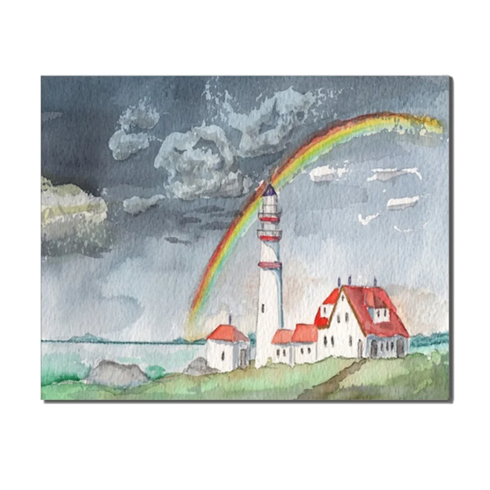 

Water Color Rural House Sea Rainbow Sky Abstract Canvas Artwork Oil Painting Home Living Room Office Bedroom Decoration No Frame
