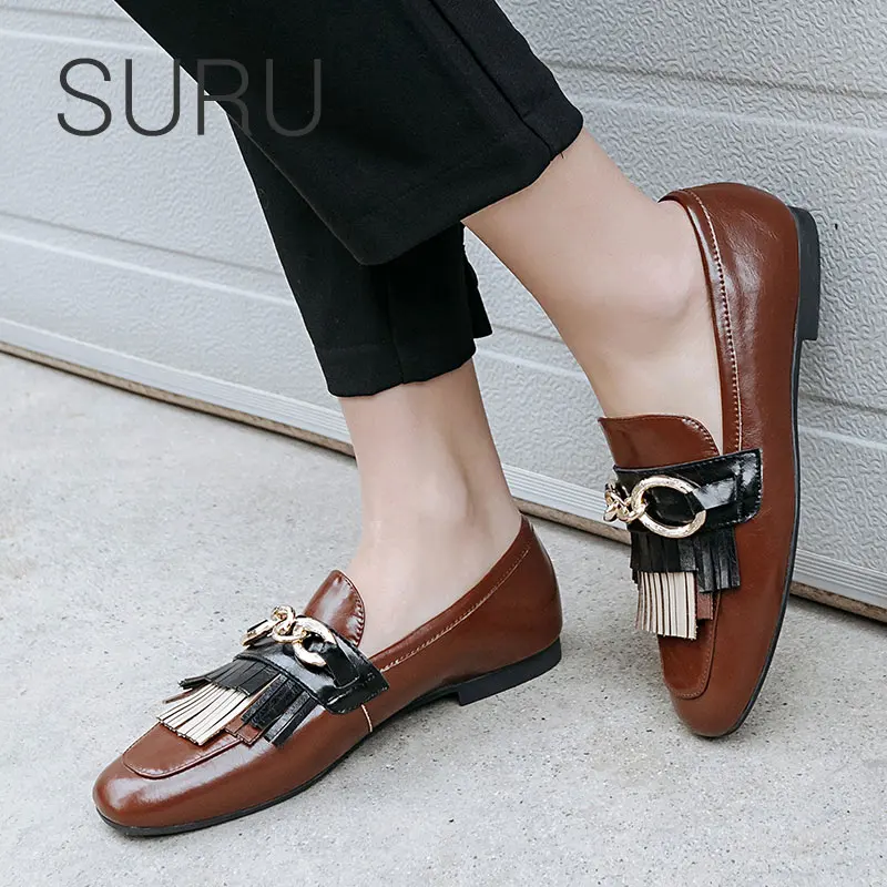 

SURU Women Natural Leather Loafers With Fringe Buckle Details Ladies Real Leather Square Toe Flats Shoes