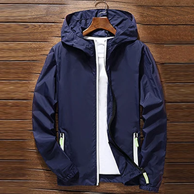 Мужская ветровка, мужская Тонкая куртка на молнии, осенняя спортивная куртка для велоспорта, водонепроницаемая куртка с капюшоном, спортивная одежда - Цвет: Dark Blue