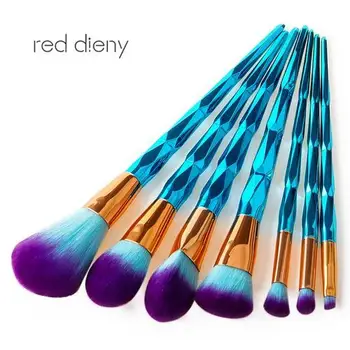 

7pcs Pro Makeup Brushes Eye Eyeshadow Foundation Loose Powder Brush With Diamond Concave-convex Gem Green Handles Makeup Kit