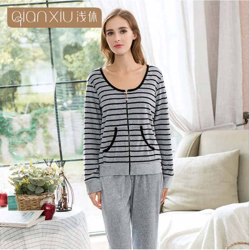 

2019 Spring Homewear Women Casual striped pajama sets Ladies Velvet Sleepwear suit Female Long Sleeve Round collar shirt +pants
