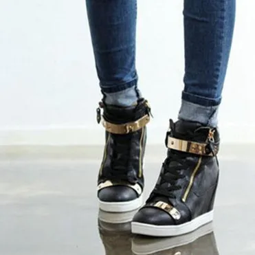 Online 2018 Spring Autumn Style wedges sneakers women high top PU leather High heel casual shoes women sneakers black white