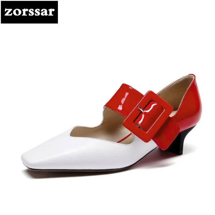 

{Zorssar} 2018 New Patent leather Mary Jane high heels Square toe pumps Shallow Single shoes red Woman Party wedding dress shoes