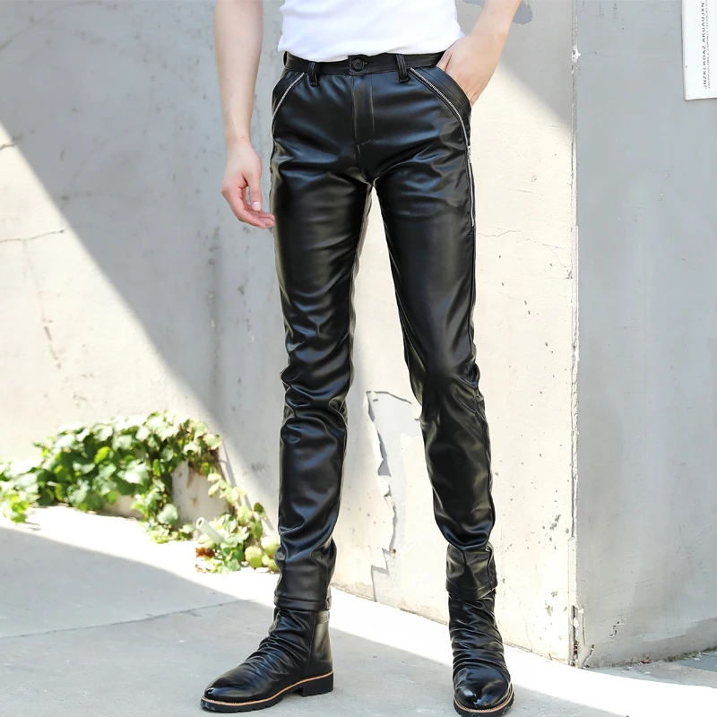 2019 Korean hair stylist Slim leather pants trend locomotive PU leather pants men casual long pants men clothing