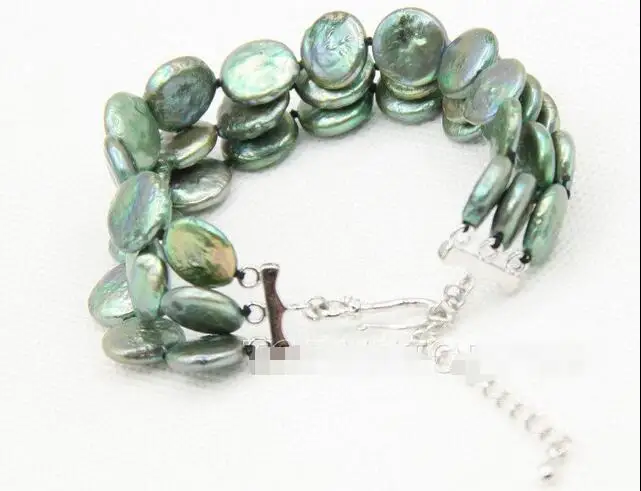 

Free Shipping >>7"-9.5" 3row 12mm coin fastener green pearls bracelet E2701