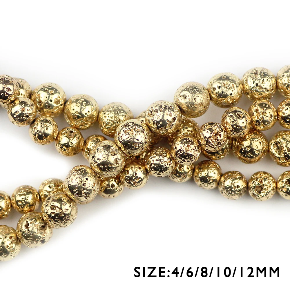 Natural Stone Beads 14 Gold Color Lava Stone 4 6 8 10 12mm Round Ball For Jewelry Accessories Making Bracelet