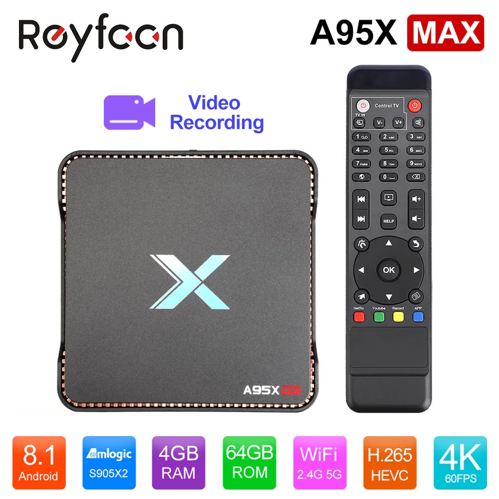Video Recording Android 8.1 TV Box A95X MAX 4GB 64GB Amlogic S905X2 Quad Core Dual Wifi BT4.2 1000M H.265 4K 60pfs X2 Set Top Bo