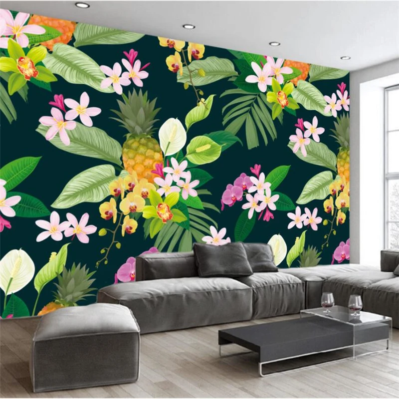 

beibehang Wallpaper custom mural European retro hand-painted green leaves pineapple background wall decorative painting