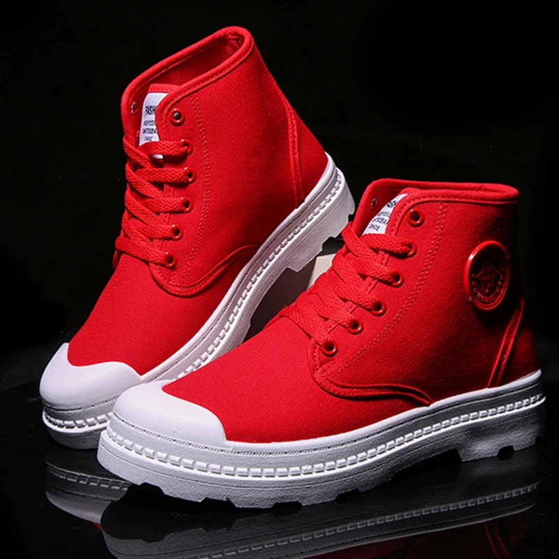 

Men's Vulcanized Shoes High Top Canvas Casual Shoes Youth Male Denim Sneakers High Quality Teenagers Plimsolls Red Black Fabric