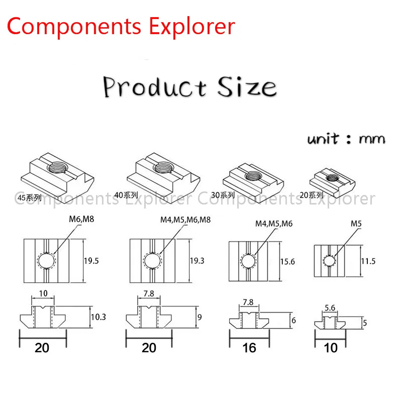 45 серия T скользящая гайка M4 M5 M6 M8 и M10 для 45 Seies алюминиевых экструзионных профилей