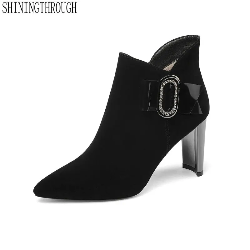 

Genuine Leather Ankle Women Boots Spring Autumn Women Shoes Square High Heel Party Ladies Shoes Large Size 34-43